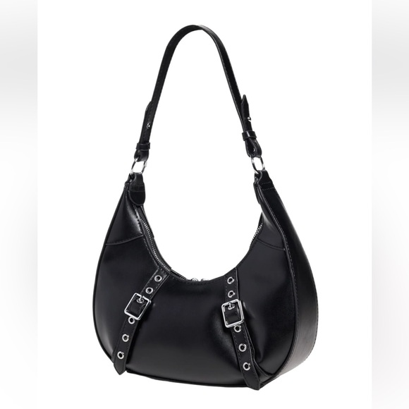 8 Other Reasons Black Double Buckle Vegan Leather Shoulder Bag NWT - Picture 3 of 13